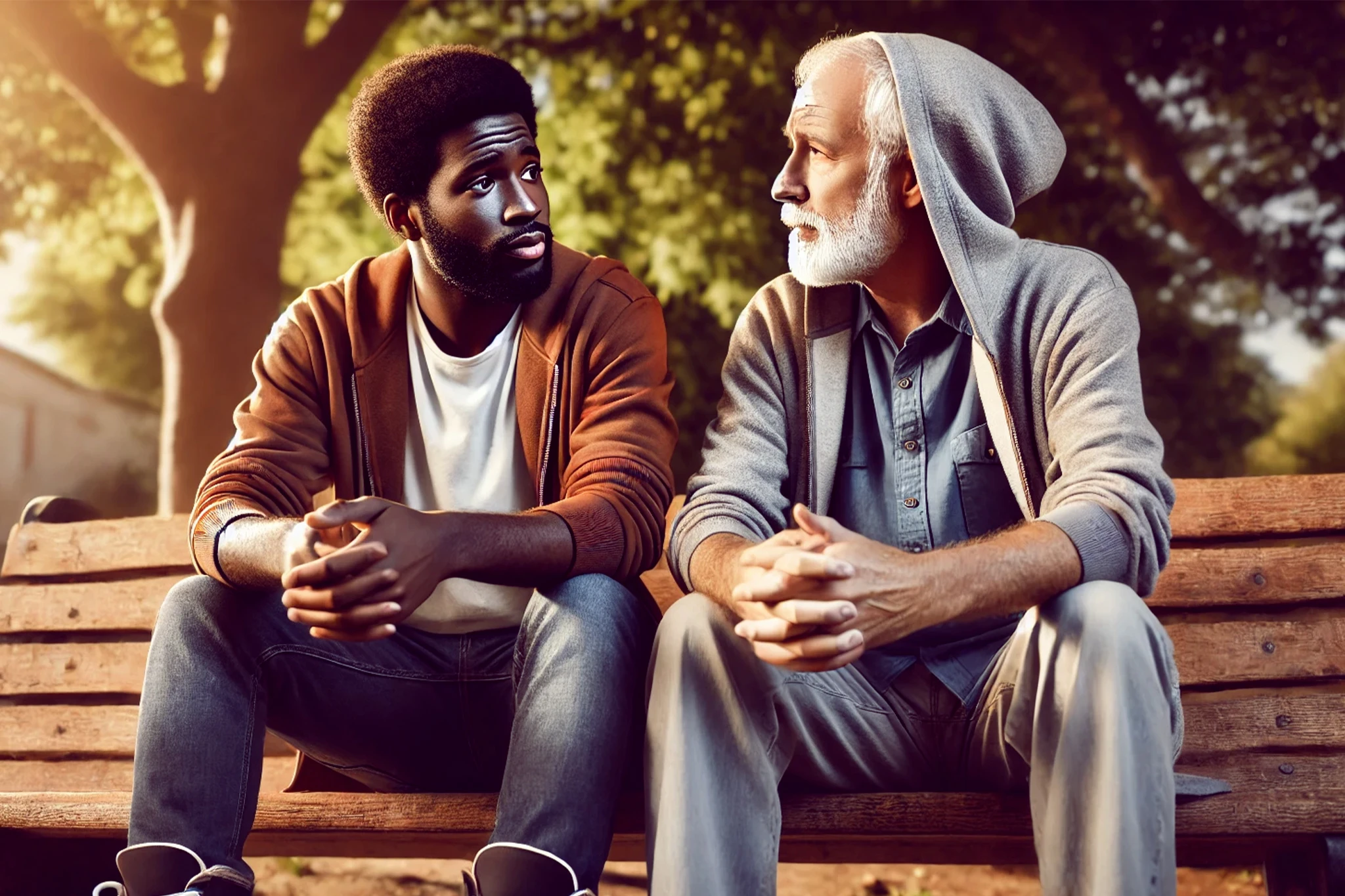 A concerned person talking side-by-side with a man outdoors, engaging in a supportive conversation about mental health.