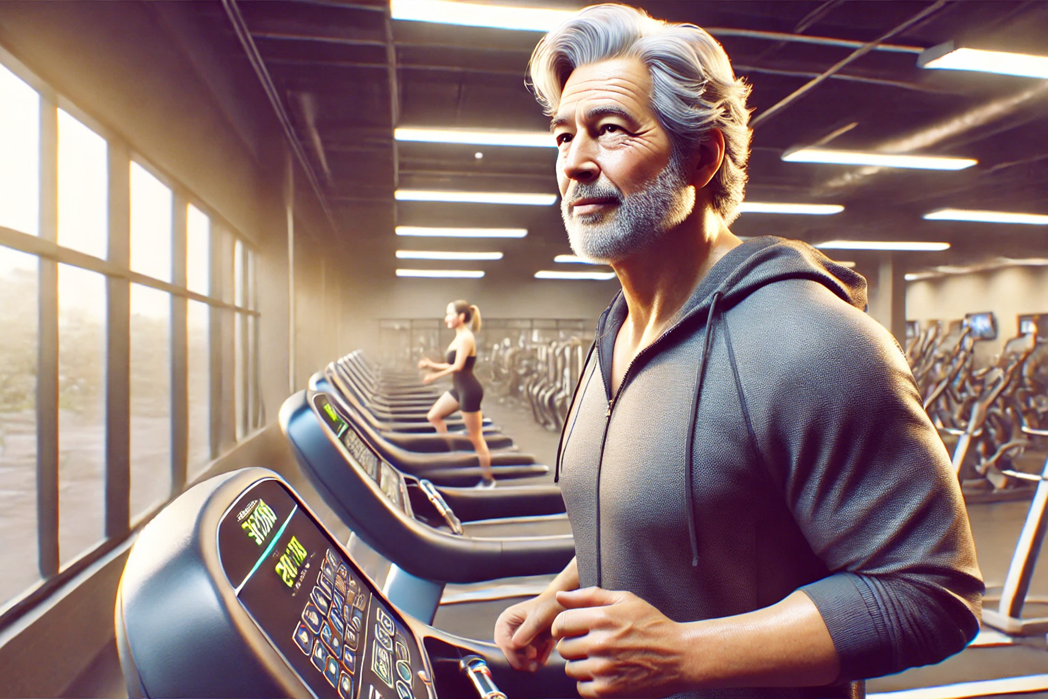 An older man with an average, slightly heavier build, walking on a treadmill in a gym. He has salt-and-pepper hair, is sweating, and wears a hoodie. The man appears satisfied and accomplished, with a confident posture as he exercises. The gym features modern equipment in the background, emphasizing a focused atmosphere on health and fitness.