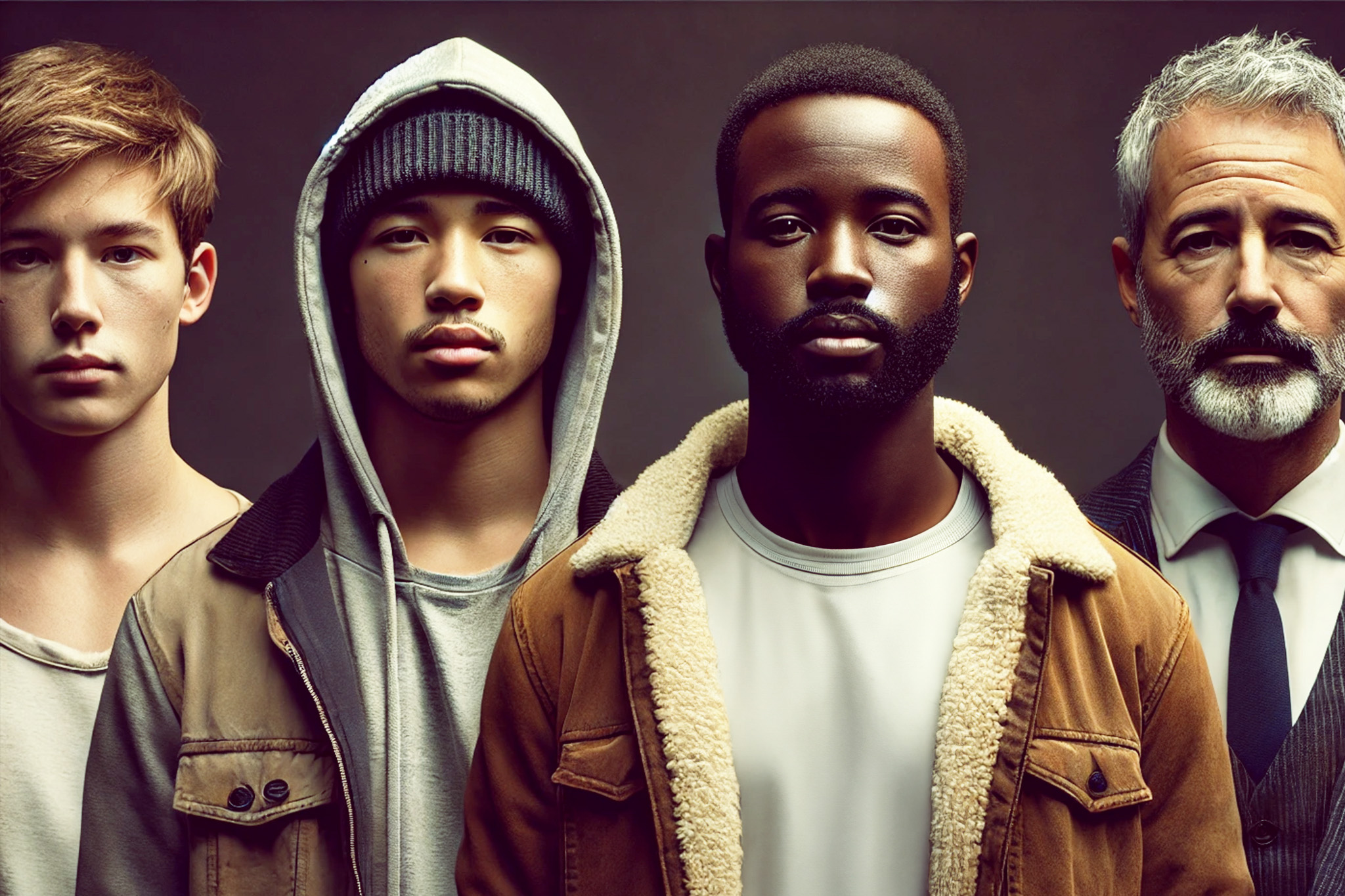 Four diverse men standing shoulder to shoulder against a dark background, each representing different levels of mental health care. The first man is younger, dressed in a t-shirt. The second man is a younger man wearing beanie and a hoodie. The third is a black man wearing a simple jacket and appearing contemplative. The fourth man is a professional in business-casual attire, looking reflective. The dramatic lighting highlights their unique expressions and backgrounds.