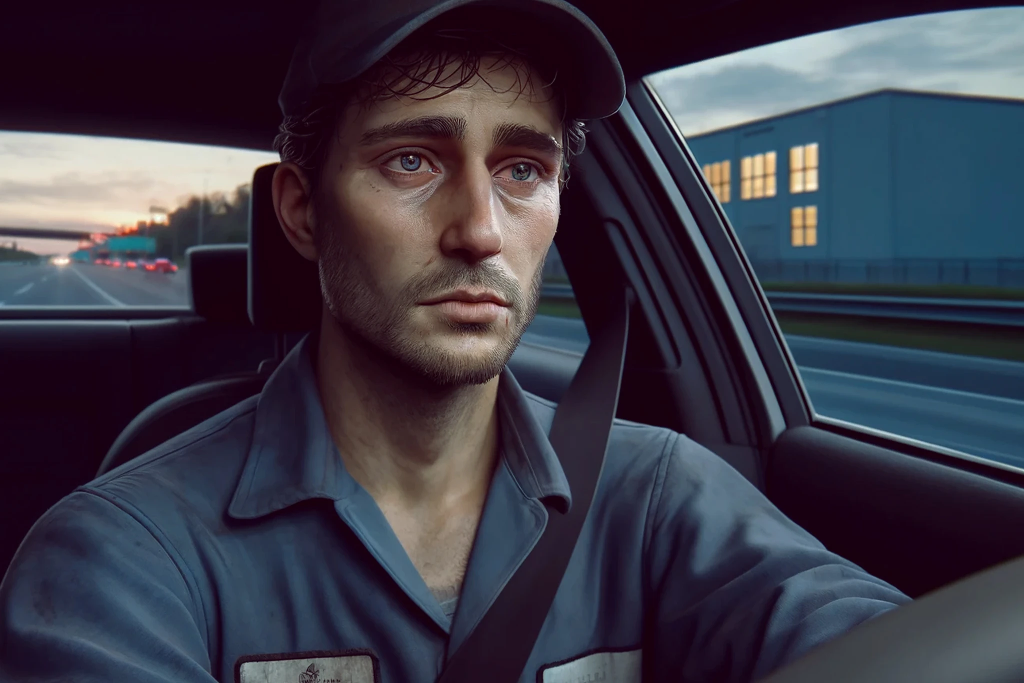 Man looking hopeless showing signs of depression while driving a car