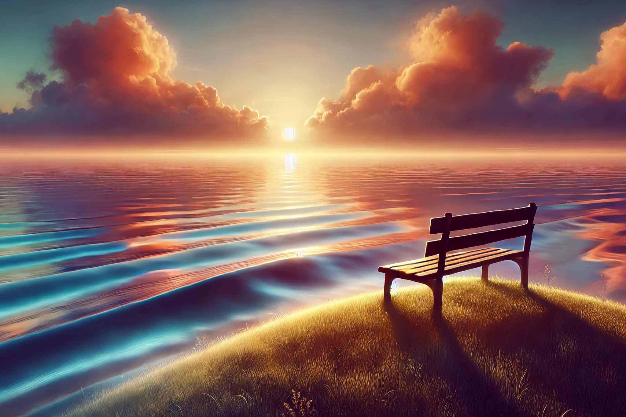 Peaceful sunset over a lake with an empty bench on a grassy hill, symbolizing reflection and healing.