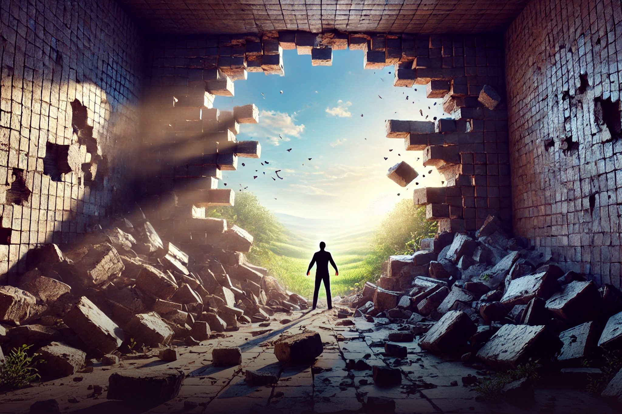 image symbolizing overcoming barriers, featuring a broken wall and a hopeful landscape beyond