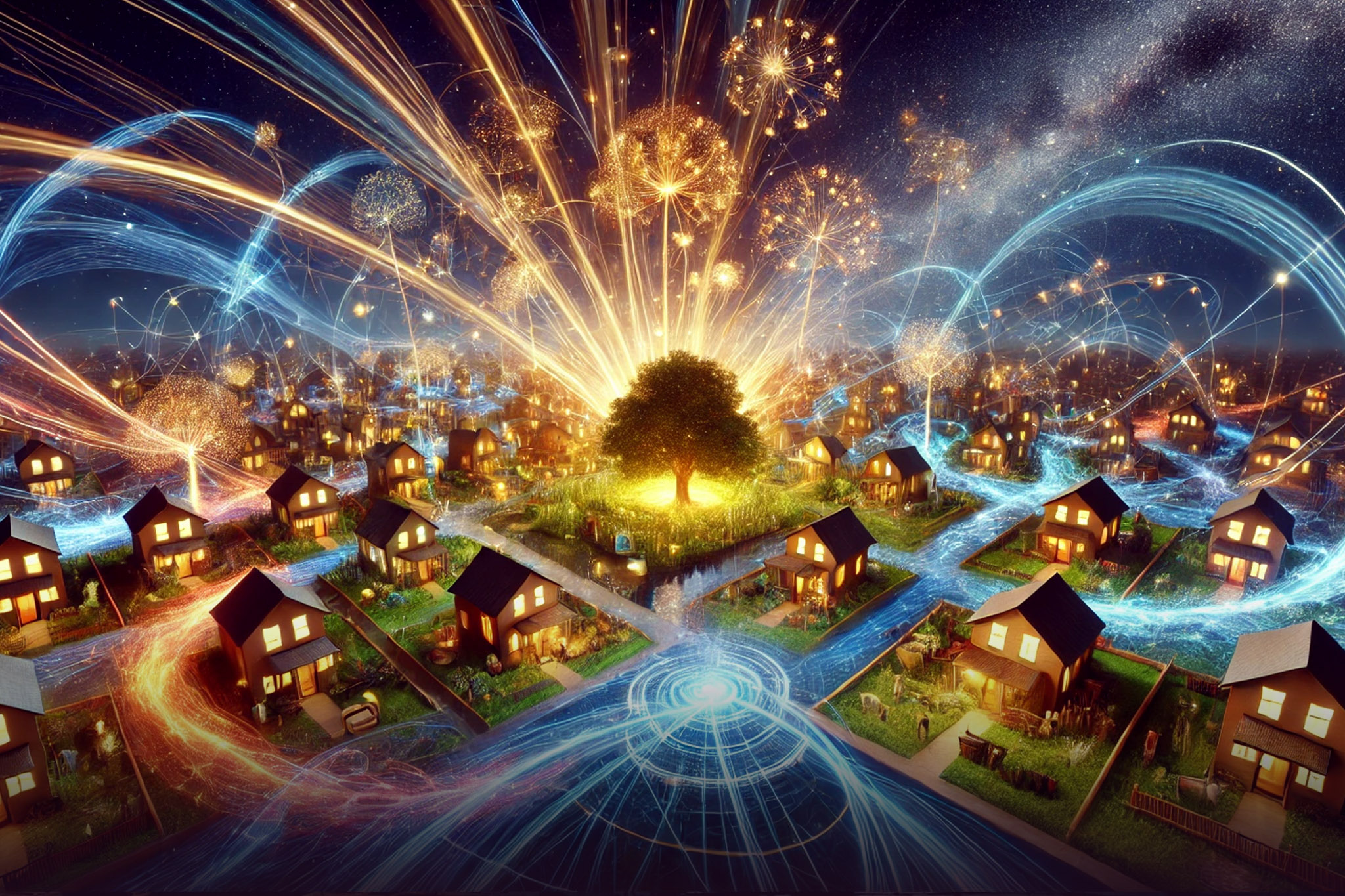 Symbolic representation of community featuring interconnected homes and buildings glowing with warm lights, vibrant energy lines in blue and gold connecting structures, a central tree, and shared spaces like a fountain and pathways. Surrounded by lush greenery under a clear, starry night sky.