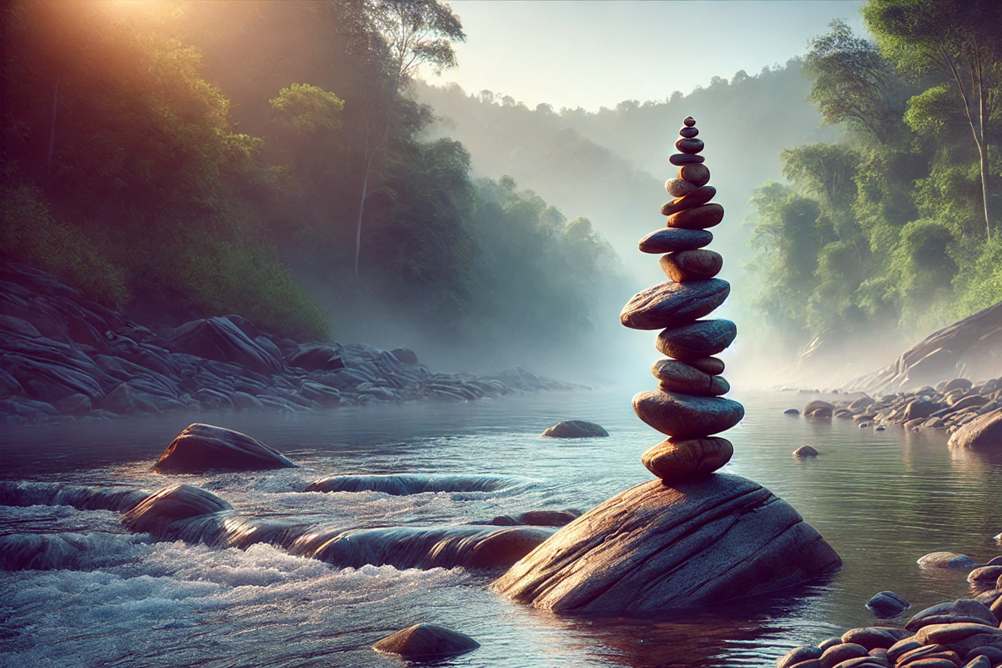 A peaceful river scene with a balancing rock sculpture positioned in the right third of the image. The river flows gently, surrounded by lush greenery and trees, with mist rising above the water. The rocks are stacked in an artistic formation, symbolizing balance and mindfulness.