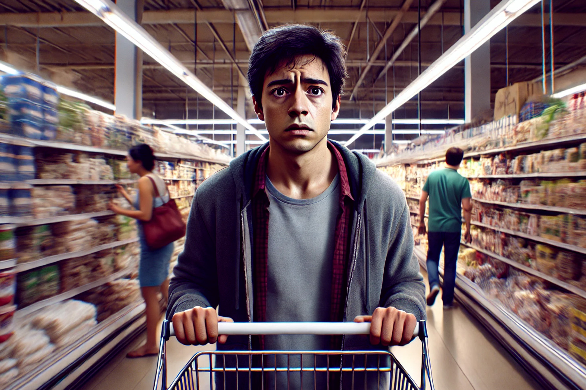 A young man, appearing overwhelmed showing signs and symptoms of anxiety, stands in a busy grocery store aisle. He holds a shopping basket tightly and looks distressed, with wide eyes and a tense expression. Around him, other shoppers move about casually, while the shelves are stocked with colorful products. The contrast between his demeanor and the vibrant, bustling environment is striking.