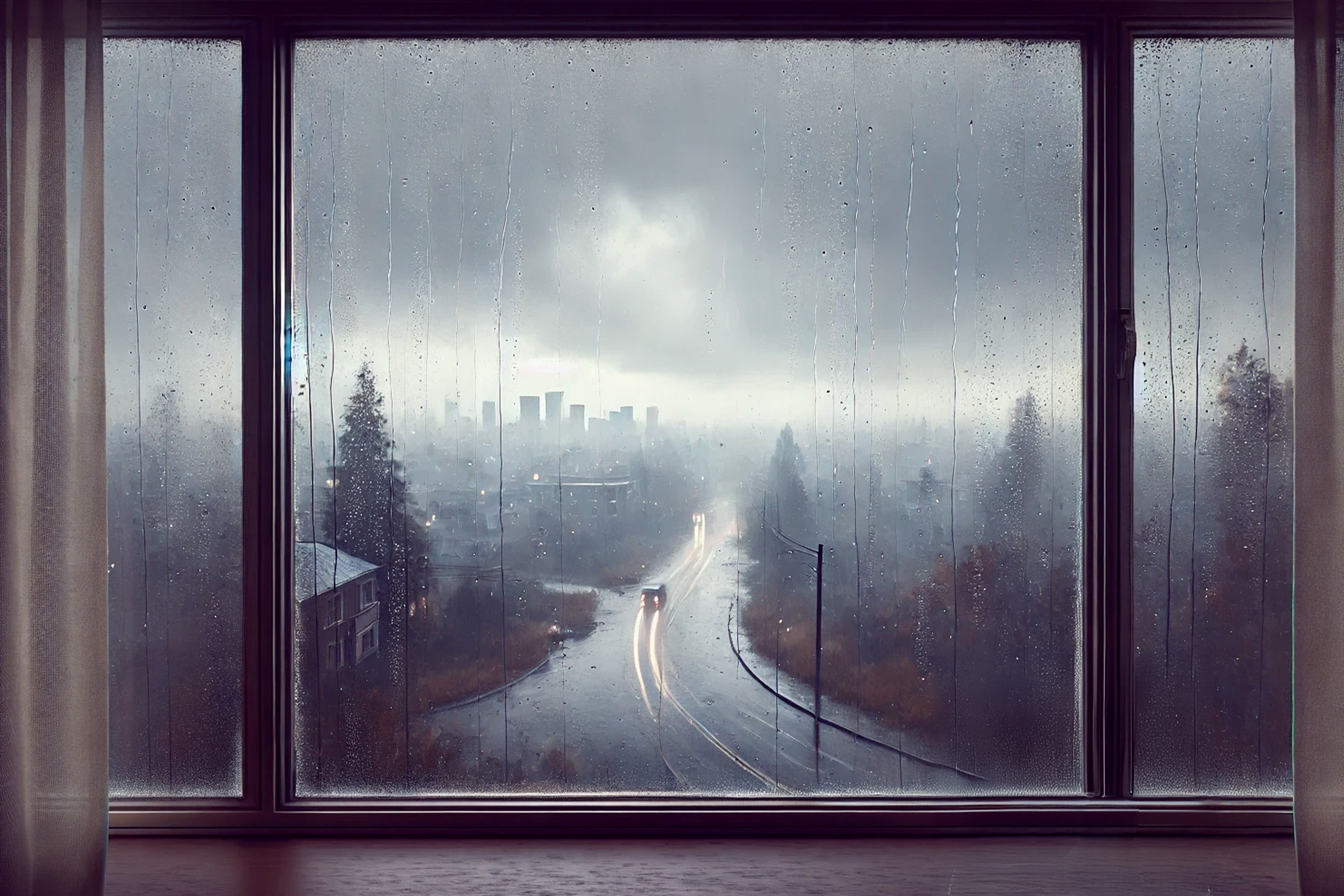 A first-person view of a rainy, cloudy day through a bare window, with an empty windowsill. Raindrops streak down the glass, distorting the gray, lifeless scene outside. The window frame is fogged with condensation, and the dim, diffused light barely illuminates the dull, wet streets and swaying trees, reinforcing a feeling of isolation and emptiness.