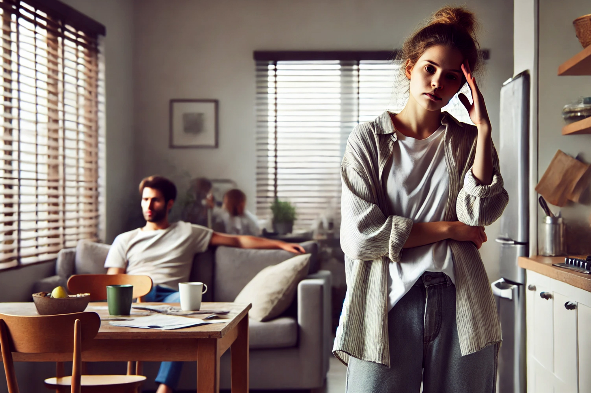 Stressed woman standing in a messy kitchen with hand on forehead, while husband sits on the couch in the background needing support and mental health treatment.