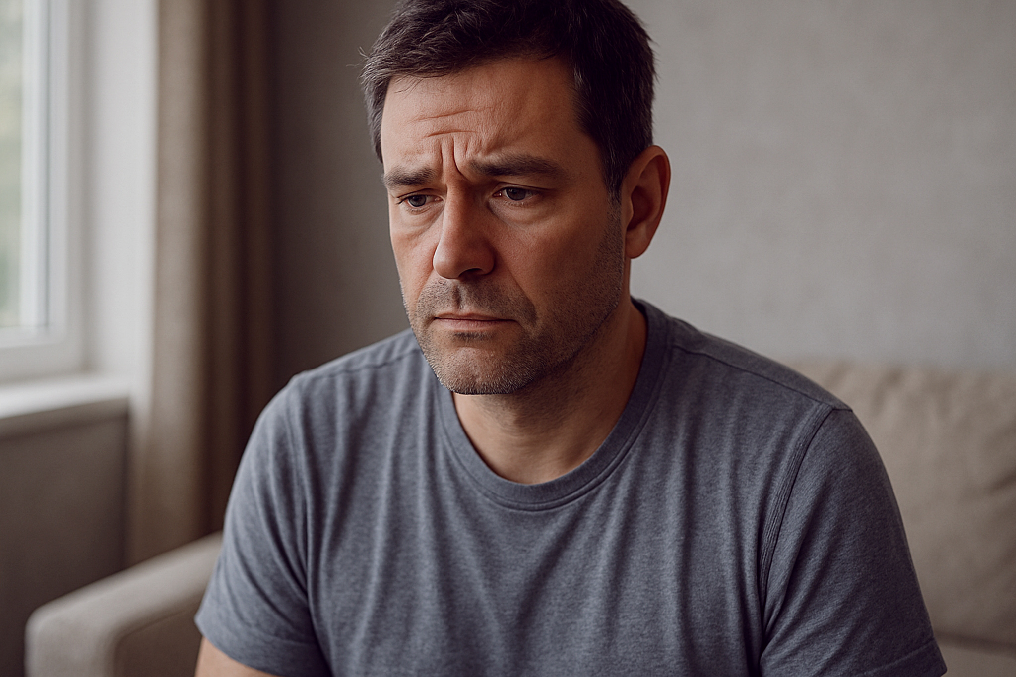 A man in his 30s or 40s practices a moment of calm during anxiety, sitting quietly indoors with a furrowed brow and a contemplative expression.