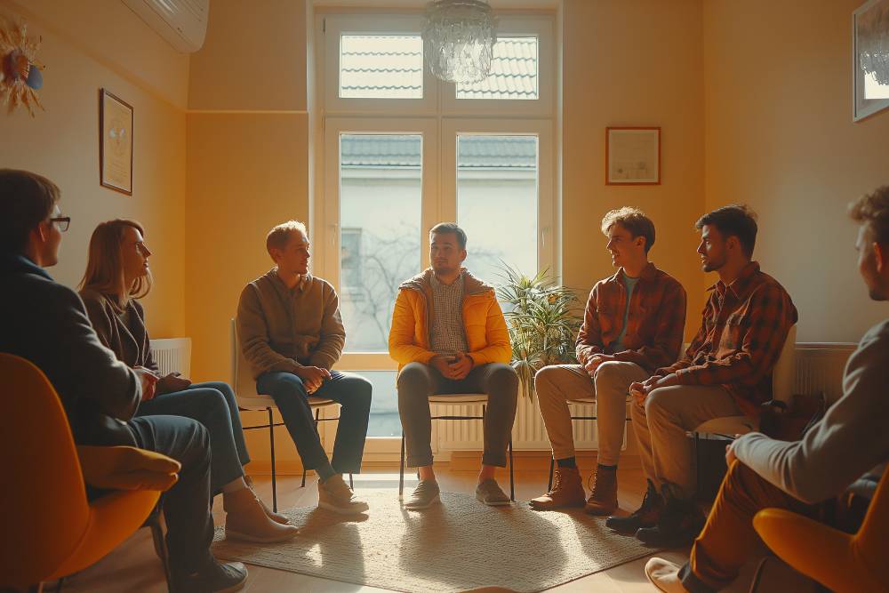 A group of individuals participating in a support meeting as part of a Mental Health IOP in Nashville.